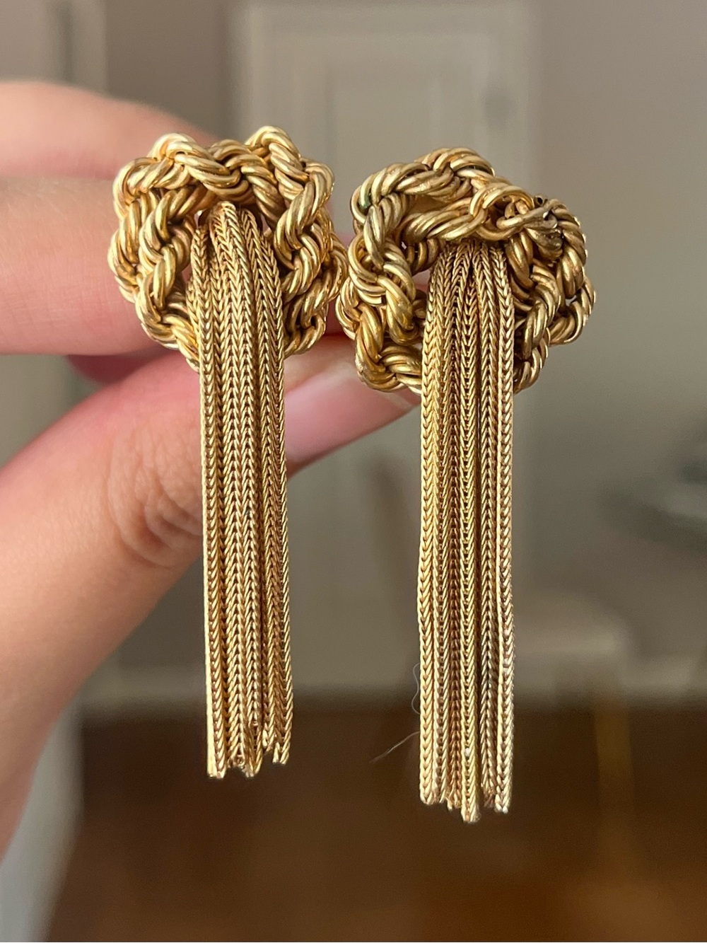 SOLD Authentic Vintage Dior 40s Braided Knot Tassel Drop Long Gold Clip Earrings - Picture 1 of 6
